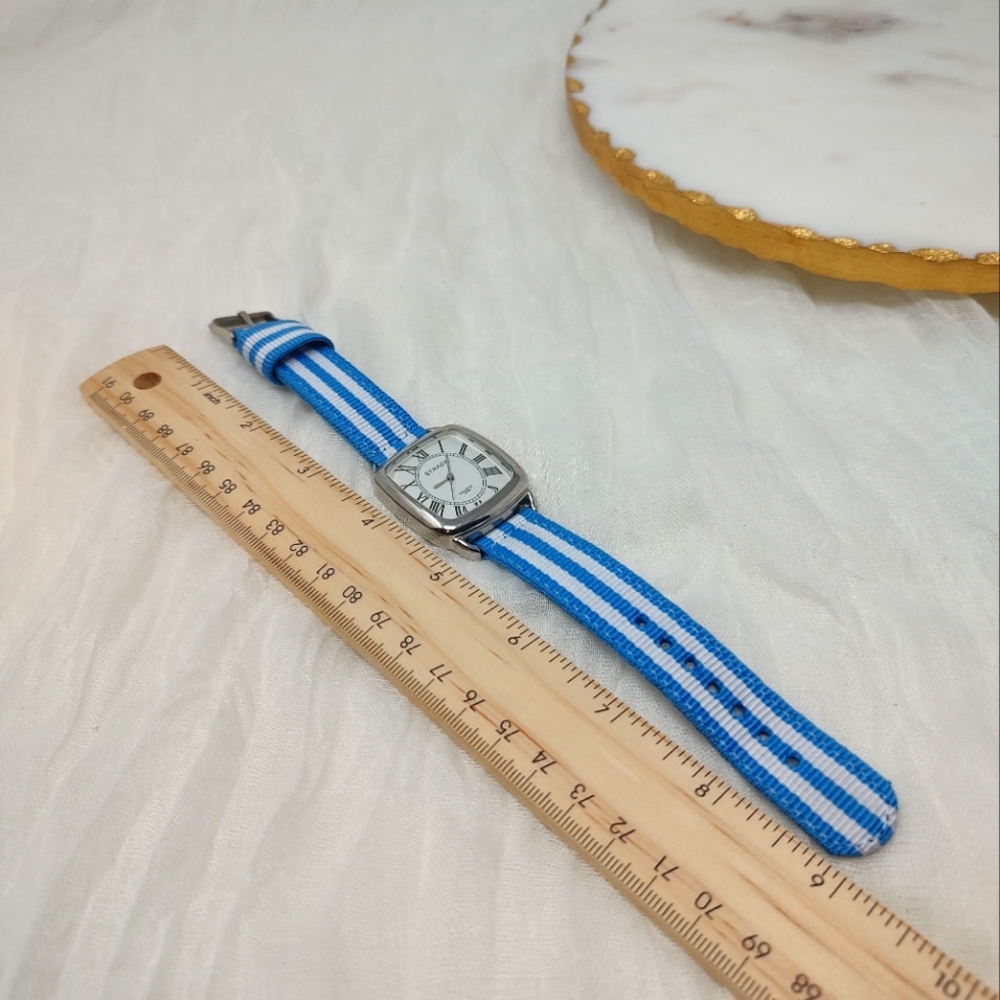 Strada blue and white striped fabric band watch silver tone frame around face - Picture 8 of 8